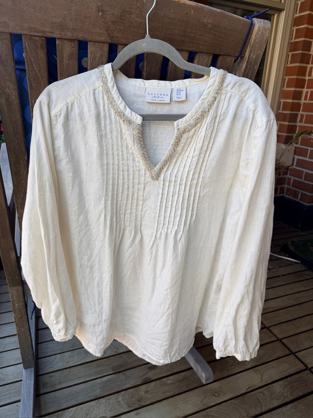 Calypso St. Barth Cream Pintuck Linen Tunic with V-Notch Beaded Trim
